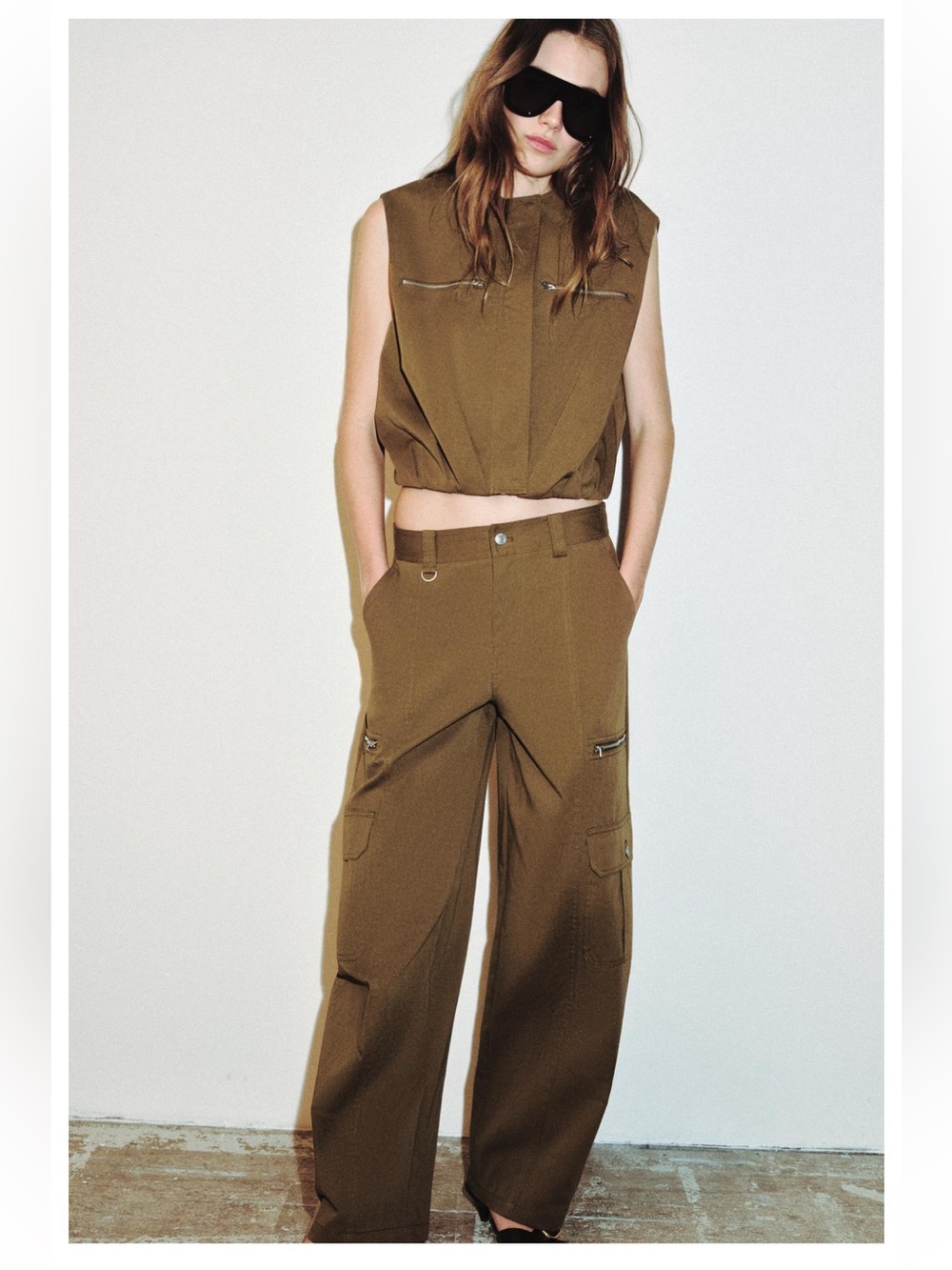 Zara Women’s Olive Utility Sleeveless Jumpsuit and pants